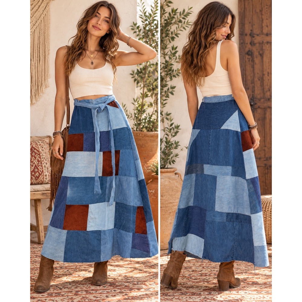 Handmade Patchwork Denim Maxi Skirt Blue Brown Velvet Boho Wrap Tie Waist 26-34w